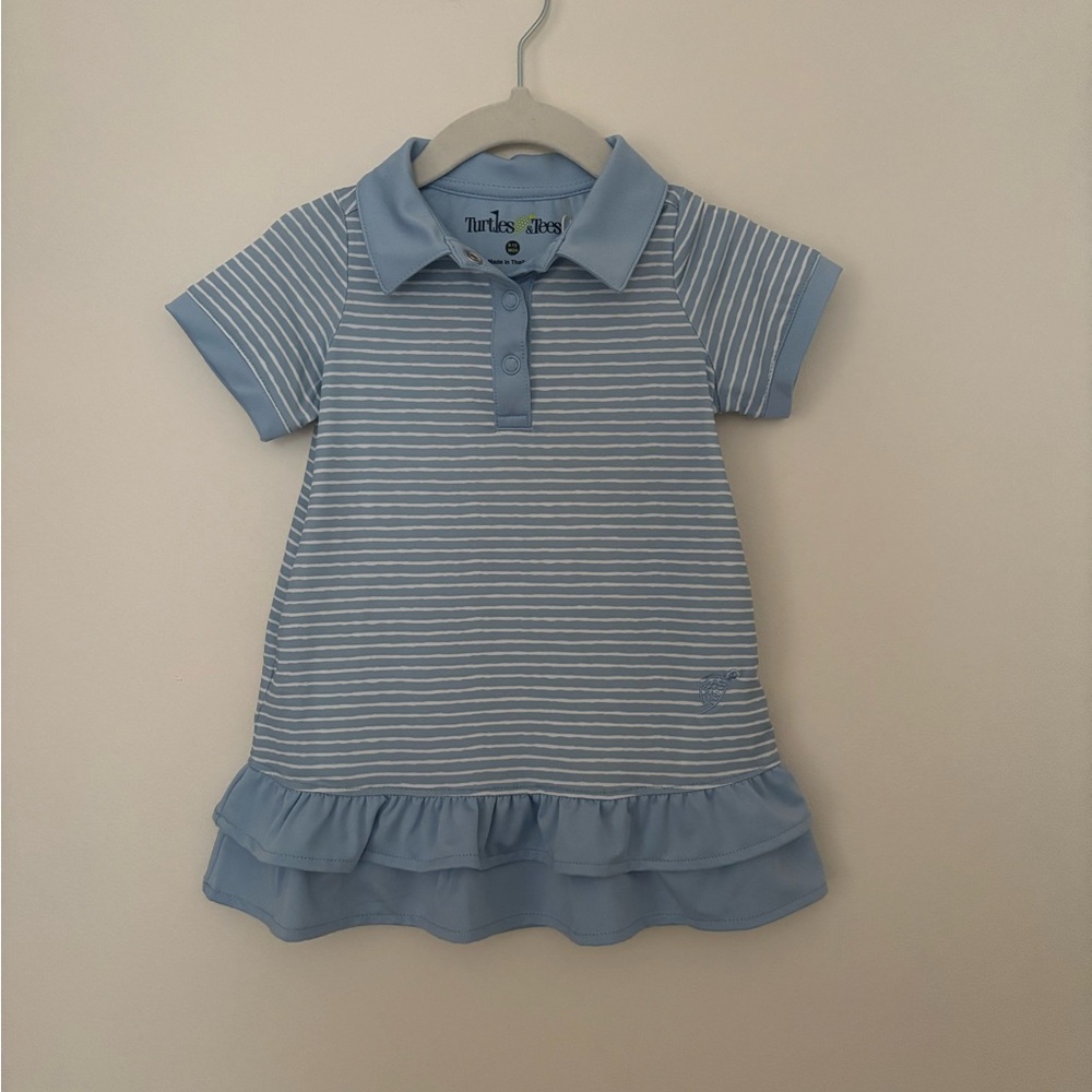 Turtles & Tees Light Blue Striped Polo Dress with Ruffle Hem